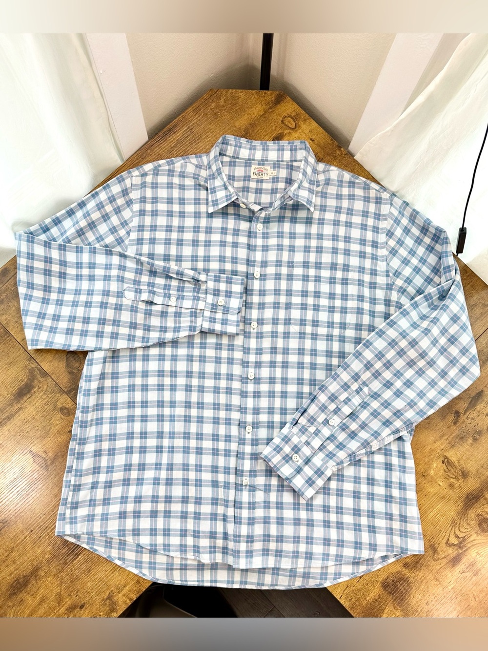 Faherty Men’s Plaid Cotton Buttondown Shirt, French Blue and Pink, Large